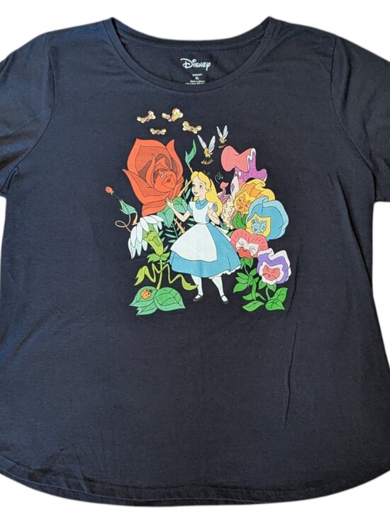 Disney Alice in Wonderland Flowers Garden Scene Black T-Shirt Women's XL - Picture 2 of 4